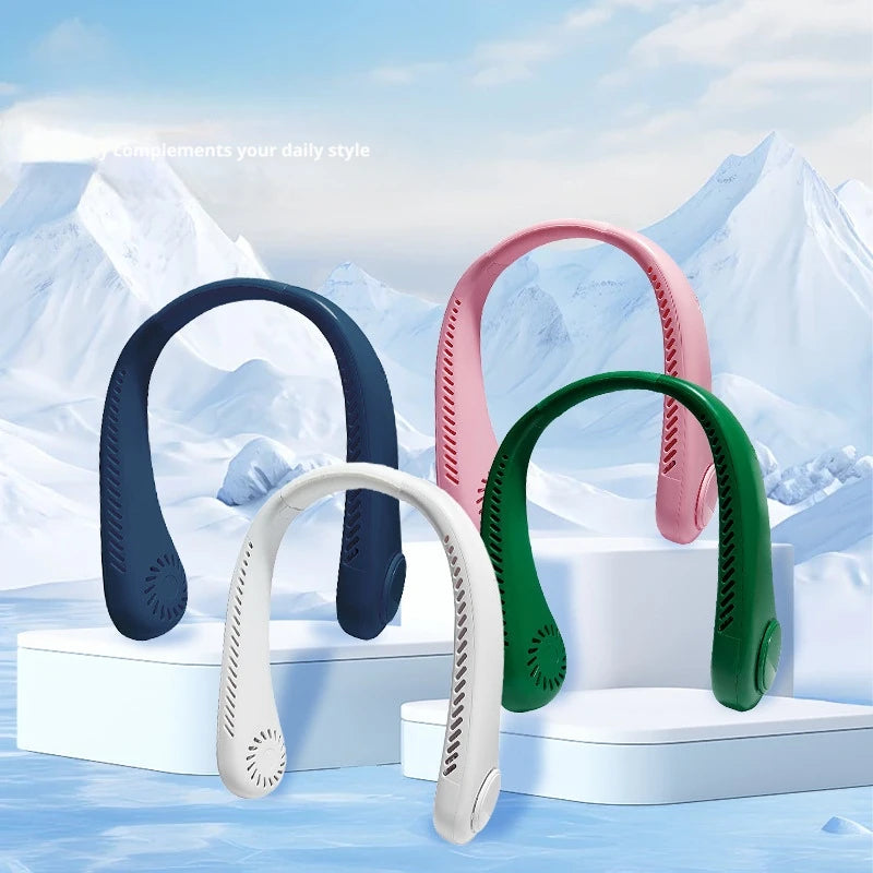 2026 Long endur New Mini Neck Mounted Fan Portable Bladeless Neck Rechargeable Air Cooler 3 Speed Mini Summer Sports Fan Outdoor