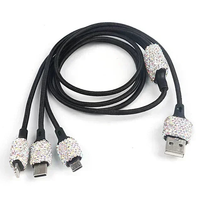 USB Car Charger Pink Crystal Diamond 5V 2.1A Dual Port Fast Charging Adapter 3 in 1 Cable for IPhone Samsung Huawei