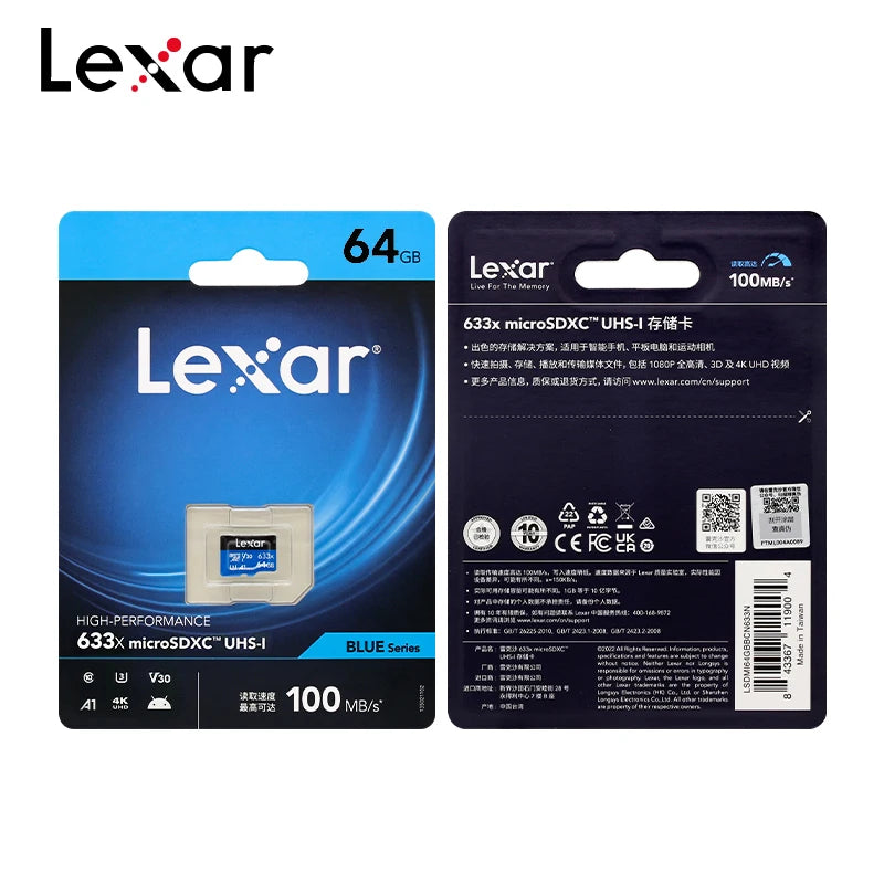 Lexar 633x Micro SD Card 128GB 256GB 64GB SDXC V30 U3 Class 10 A1 with 100MB/s Read Speed for Smartphone Tablet Action Camera