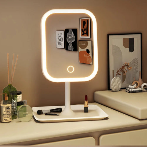 3 Color Light LED Desktop Vanity Mirror,Modern Makeup Mirror With Storage Tray,Women Bedroom Dressing Touching Mirror
