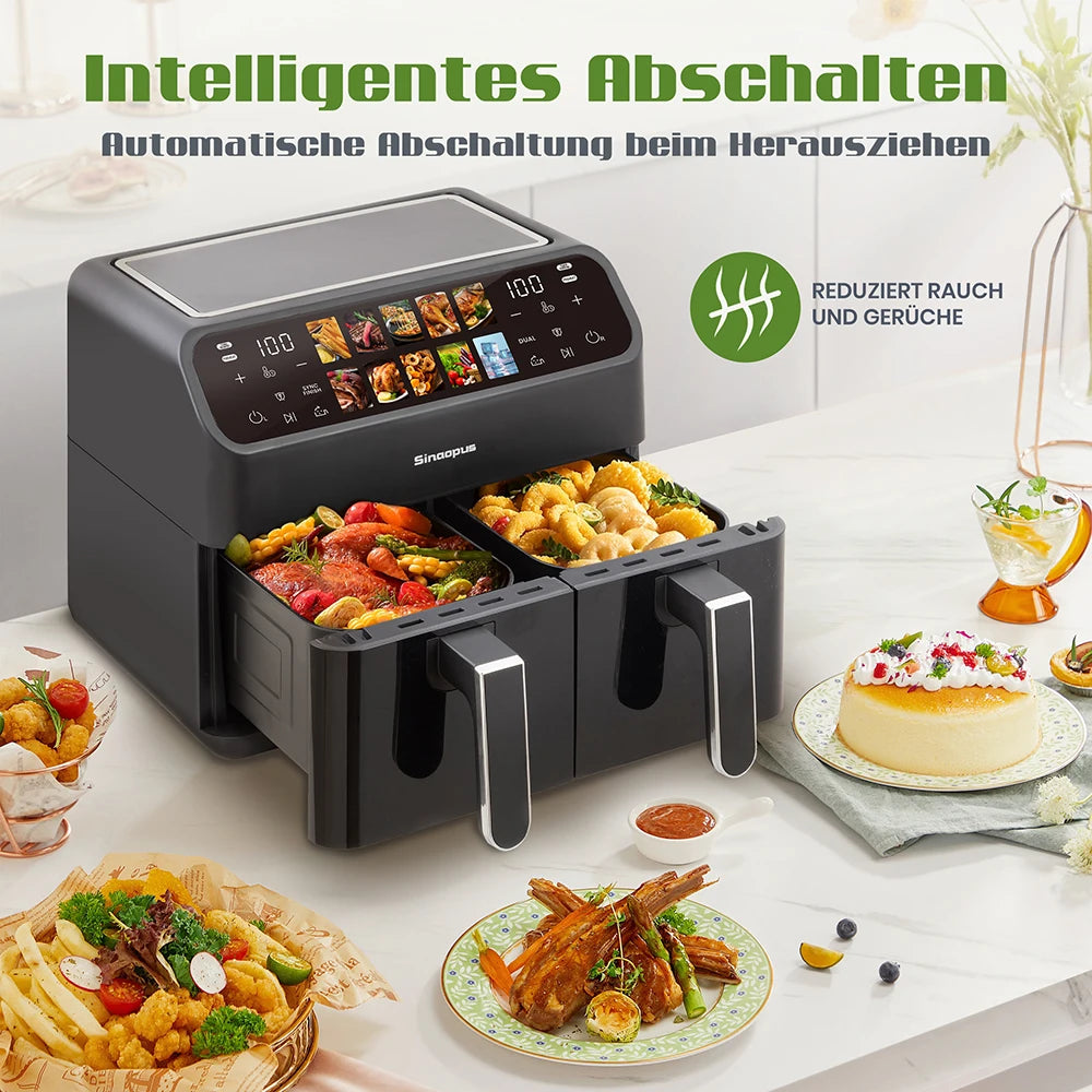 Sinaopus Hot Air Fryers 9L Dual Basket – Oilless Cooker with LED Touch Control & Visible Window, Family Smart Air Fryer Oven Machine, Large Capacity for Home Use