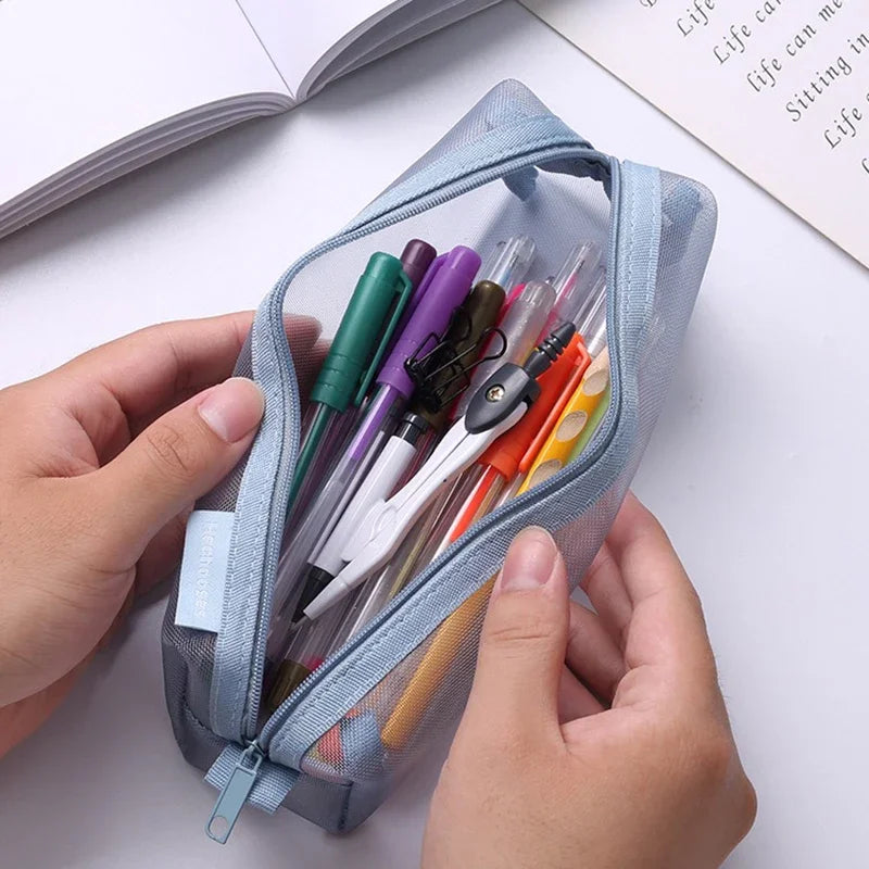 1Pcs  Mesh Pencil Case Transparent Pens Pouch Cute Simple Aesthetic