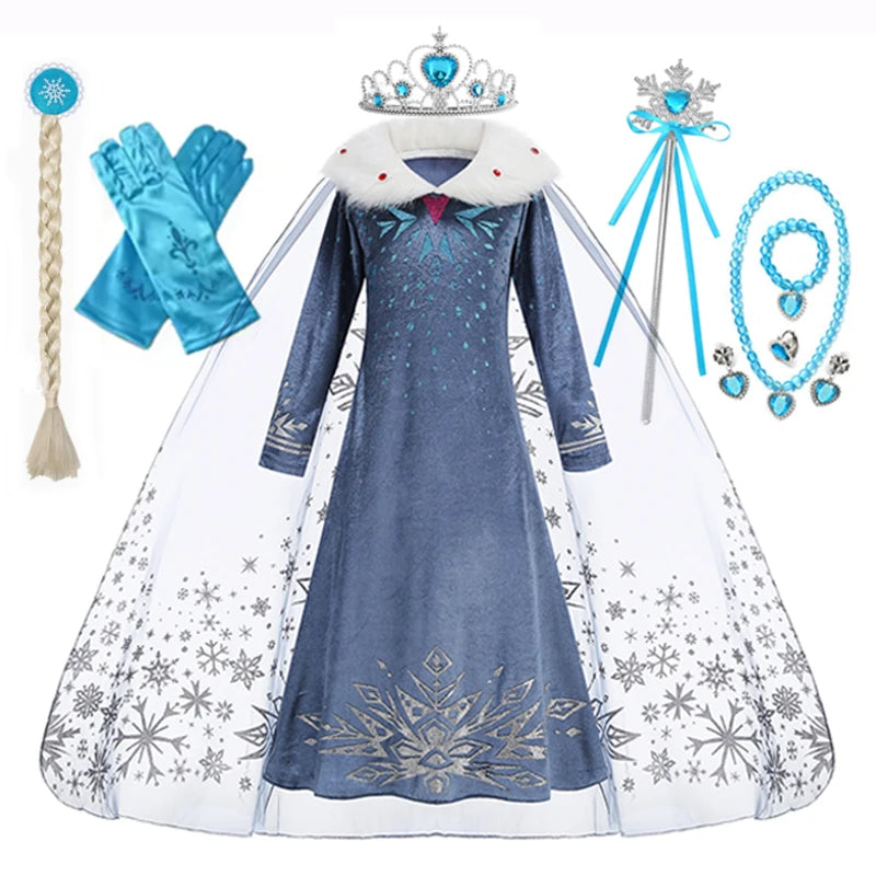 Elsa Princess Dress for Girls Birthday Party Carnival Costume Kids Cosplay Snow Queen Evening Long Sleeve 2026 Winter Clothes