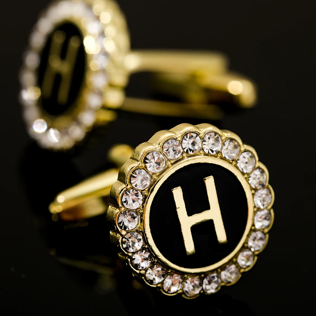 26 Initial Capital Letter A-Z Mens Cufflinks Galaxy Golden Color Gear Shape Crystal Cuff Links Formal Shirt Suit Jewelry Gift
