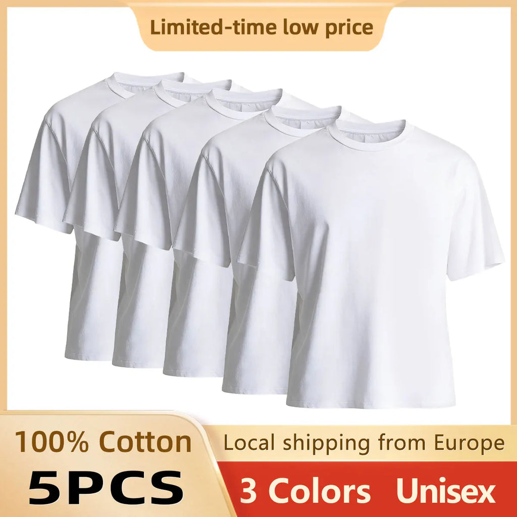 100% Cotton T shirt 5 Pack Soft Breathable Colorfast Men's Women's Summer Crew neck