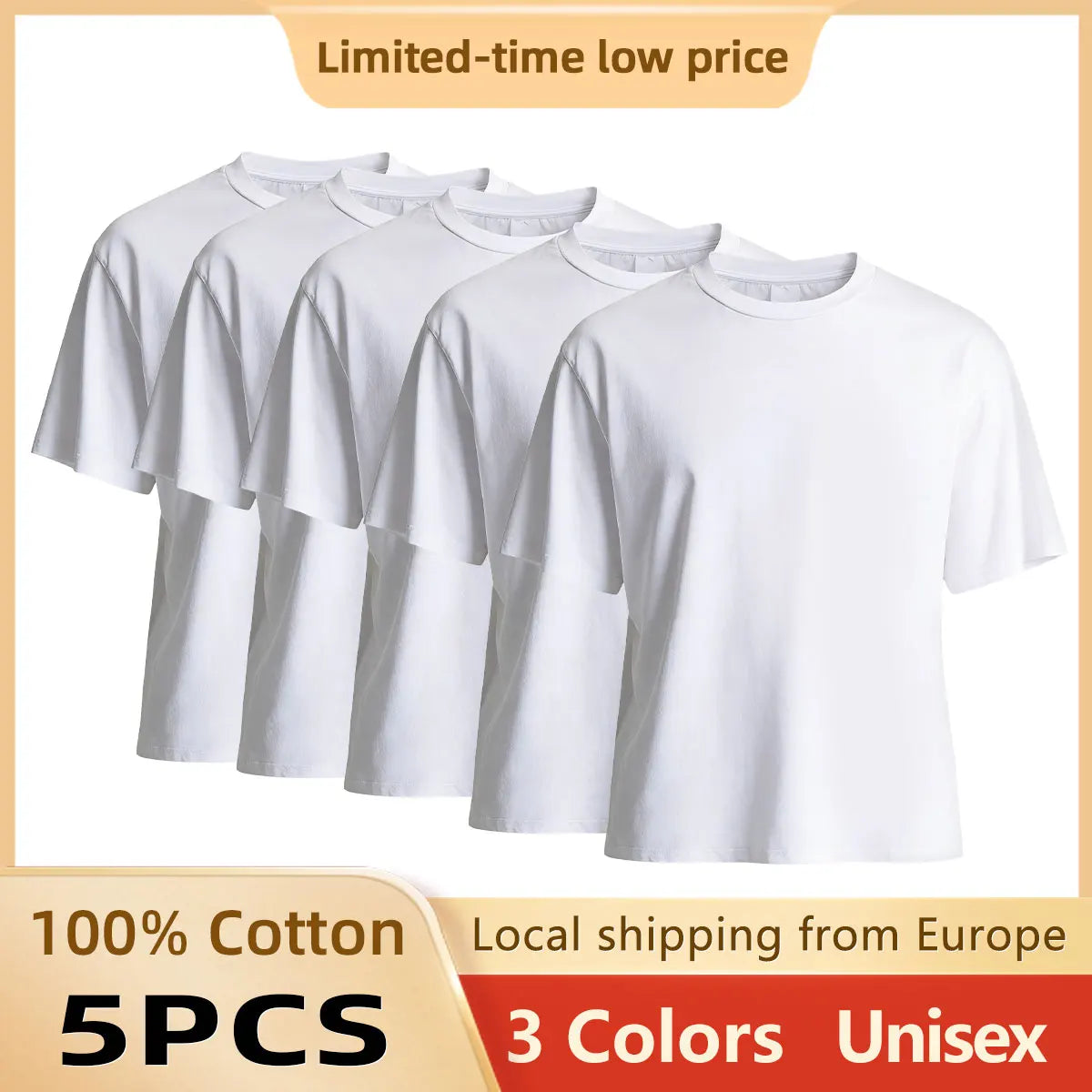 100% Cotton T shirt 5 Pack Soft Breathable Colorfast Men's Women's Summer Crew neck