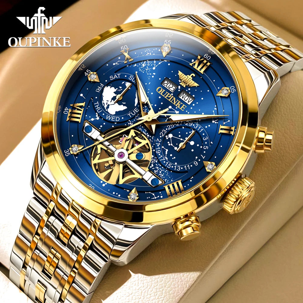 OUPINKE 3255 Men Watch Luxury Brand Swiss Movement Starry Sky Skeleton Waterproof