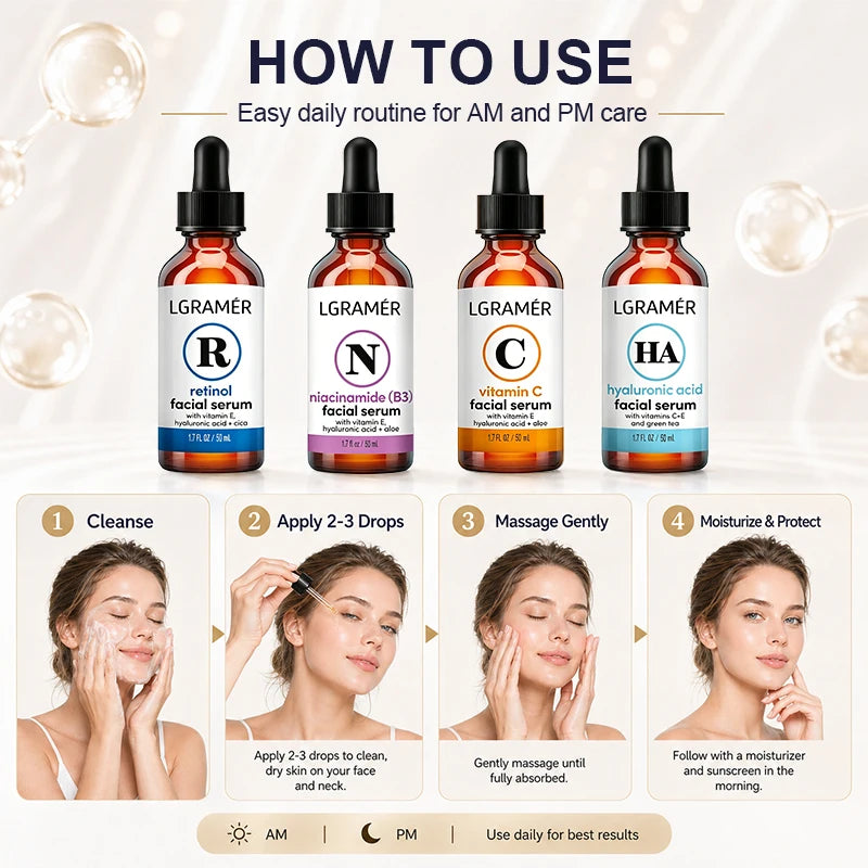 Vitamin C Retinol Niacinamide Hyaluronic Acid 4 Bottles Facial Serum