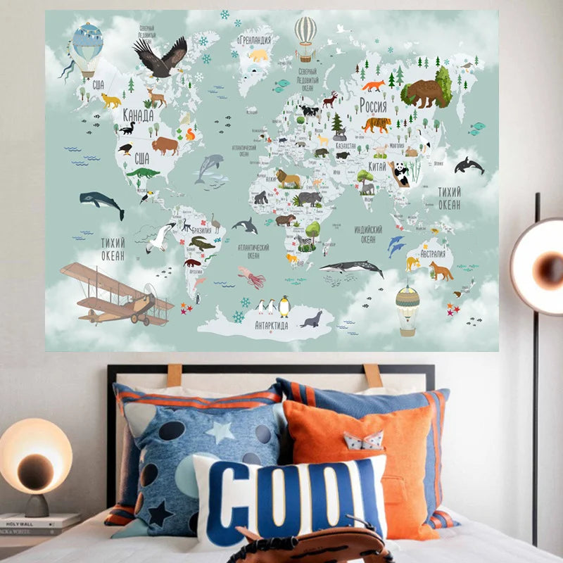 VIKAMA Polyester Vintage World Map Tapestry Retro Nautical Wall Hanging
