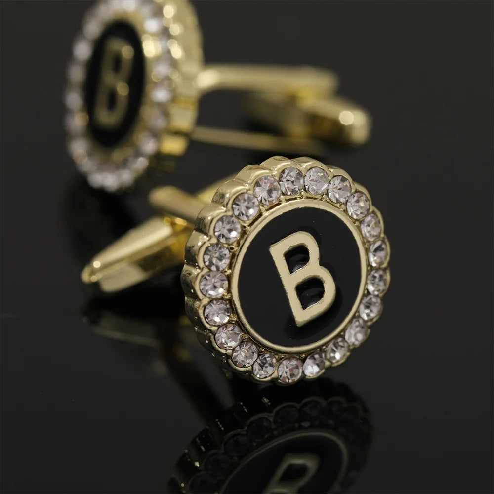 26 Initial Capital Letter A-Z Mens Cufflinks Galaxy Golden Color Gear Shape Crystal Cuff Links Formal Shirt Suit Jewelry Gift