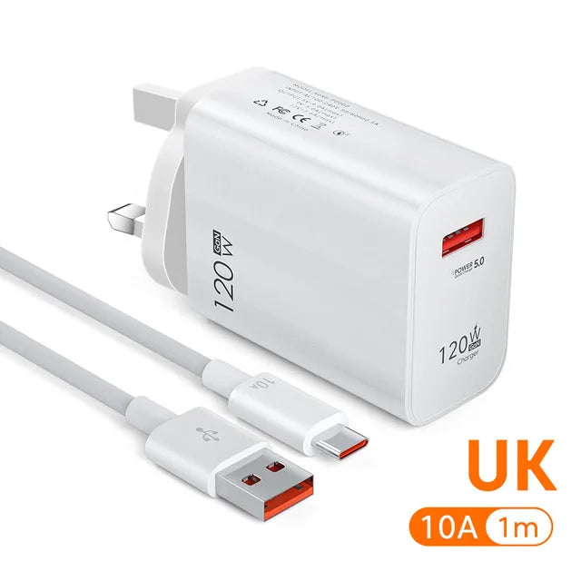 120W USB Fast Charging Charger Type C Cable Quick Charge Phone Adapter for Xiaomi 14 Redmi Oneplus Huawei Samsung Wall Charger