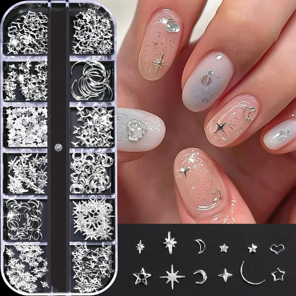 12Grids Silver Star Moon Glitter Nail Charms Mixed Metallic Tips Slice Rivet 3D FlatBack Gold Silver Star DIY Alloy Nail Studs_-