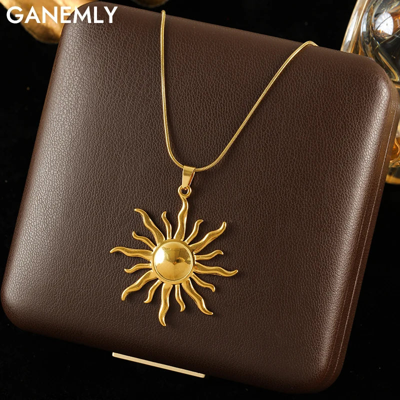GANEMLY 316l Stainless Steel Metallic Gold Color Sun Pendant Necklace Women Chic Romantic Waterproof Neck Chain Jewelry Gift