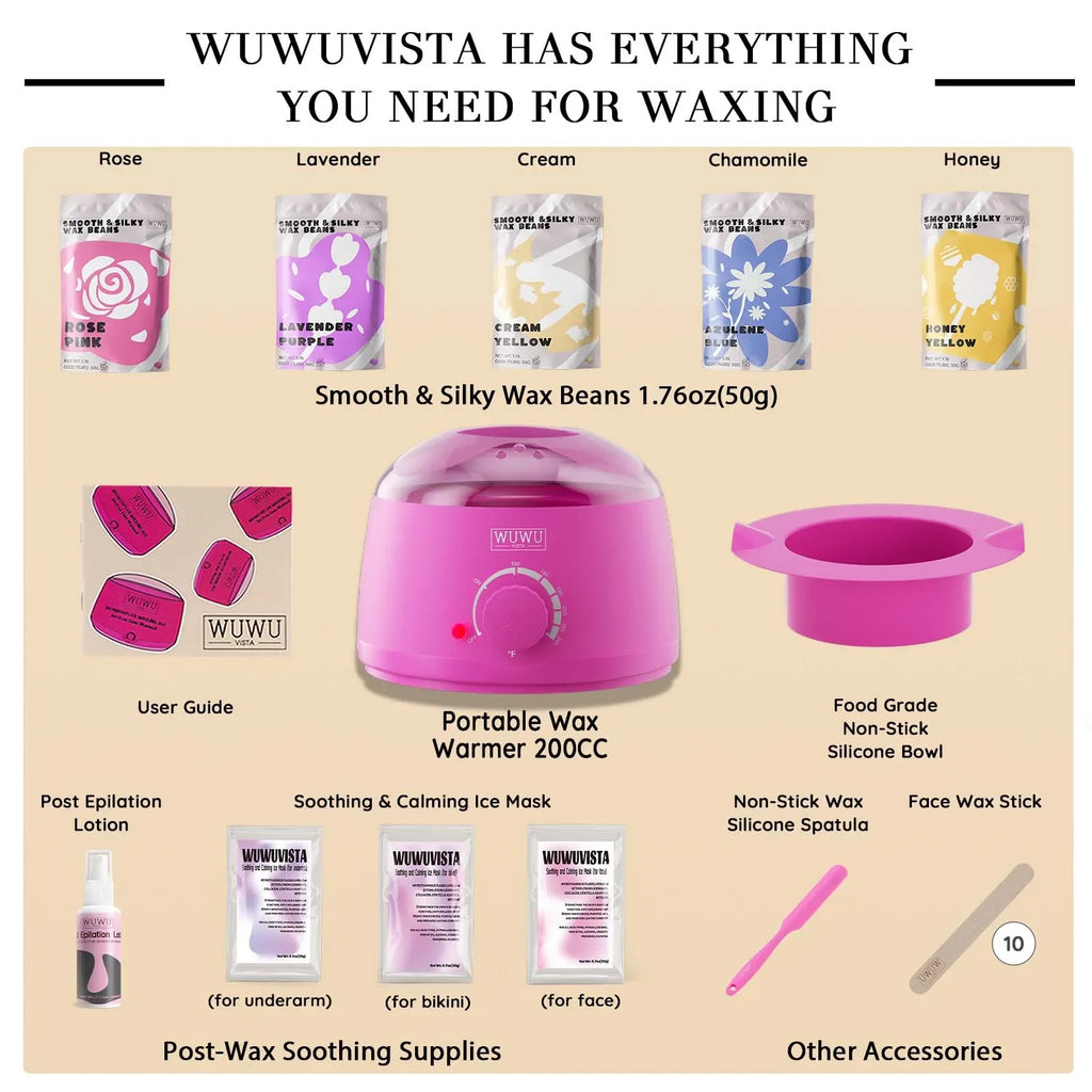 WUWUVISTA Waxing Kit 23 Items, Christmas Gift Hard Wax Hair Removal with Wax Heater & Beans for Body/Face/Brazilian/Sensitive Skin