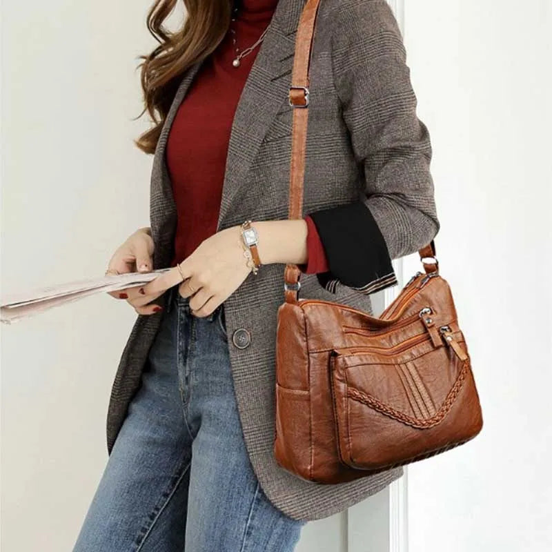 Vintage PU Crossbody Bag Retro Multi Layer Shoulder Bag Women's Fashion Handbag & Purse Female Work Travel Messenger Bag