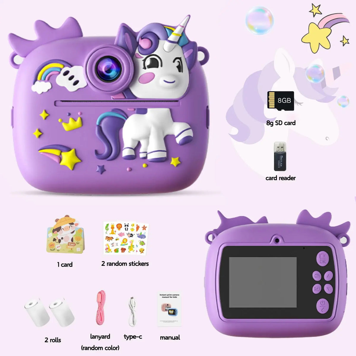 Purple Cute Kids Colorful Instant Print Small Camera with SD Card