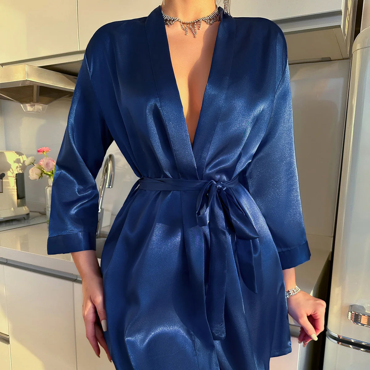 Women's Short Kimono Robe Silky Satin Bathrobe Bride