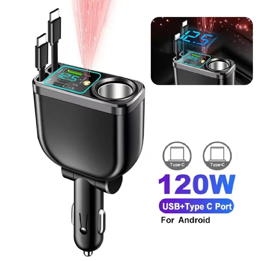 5 In 1 Car Charger 66W Max with Retractable Cable PD30W+2.4A