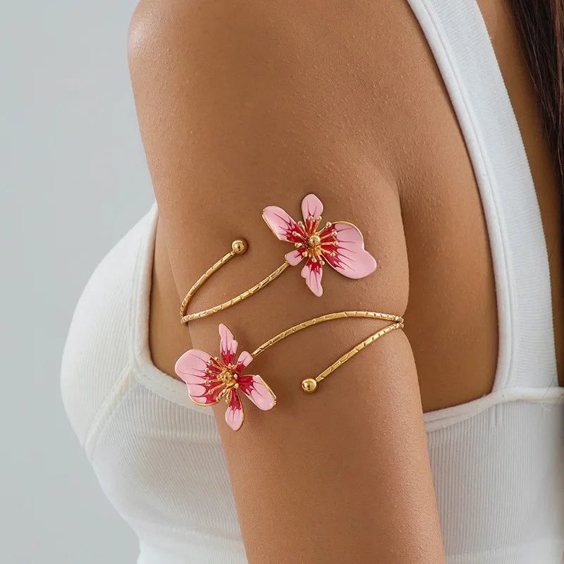 Boho Elegant Sexy Flower Open Cuff Armlet for Women Vintage Enamel Glaze Craft Floral Adjustable Arm Bracelet Beach Body Jewelry