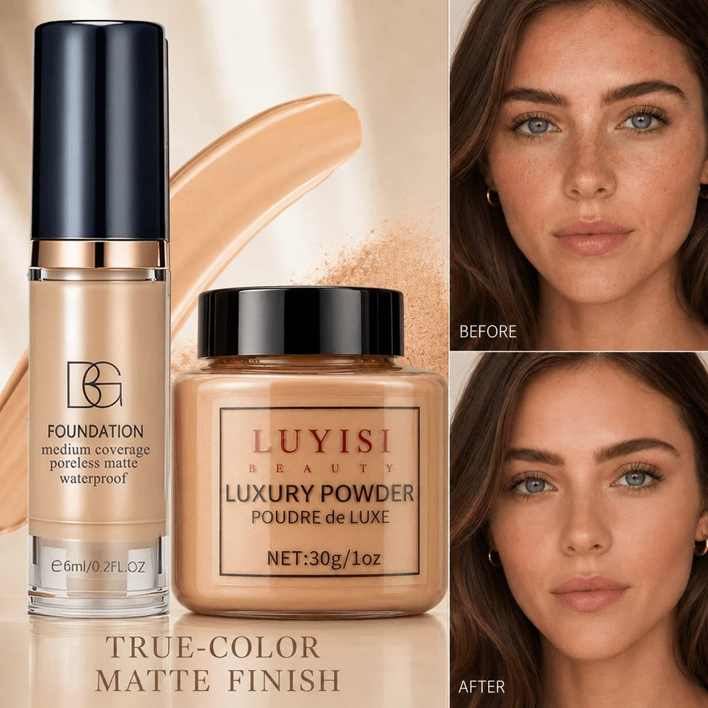 Facial Makeup Set:1pc Matte Loose Powder+1pc Waterproof Fundation