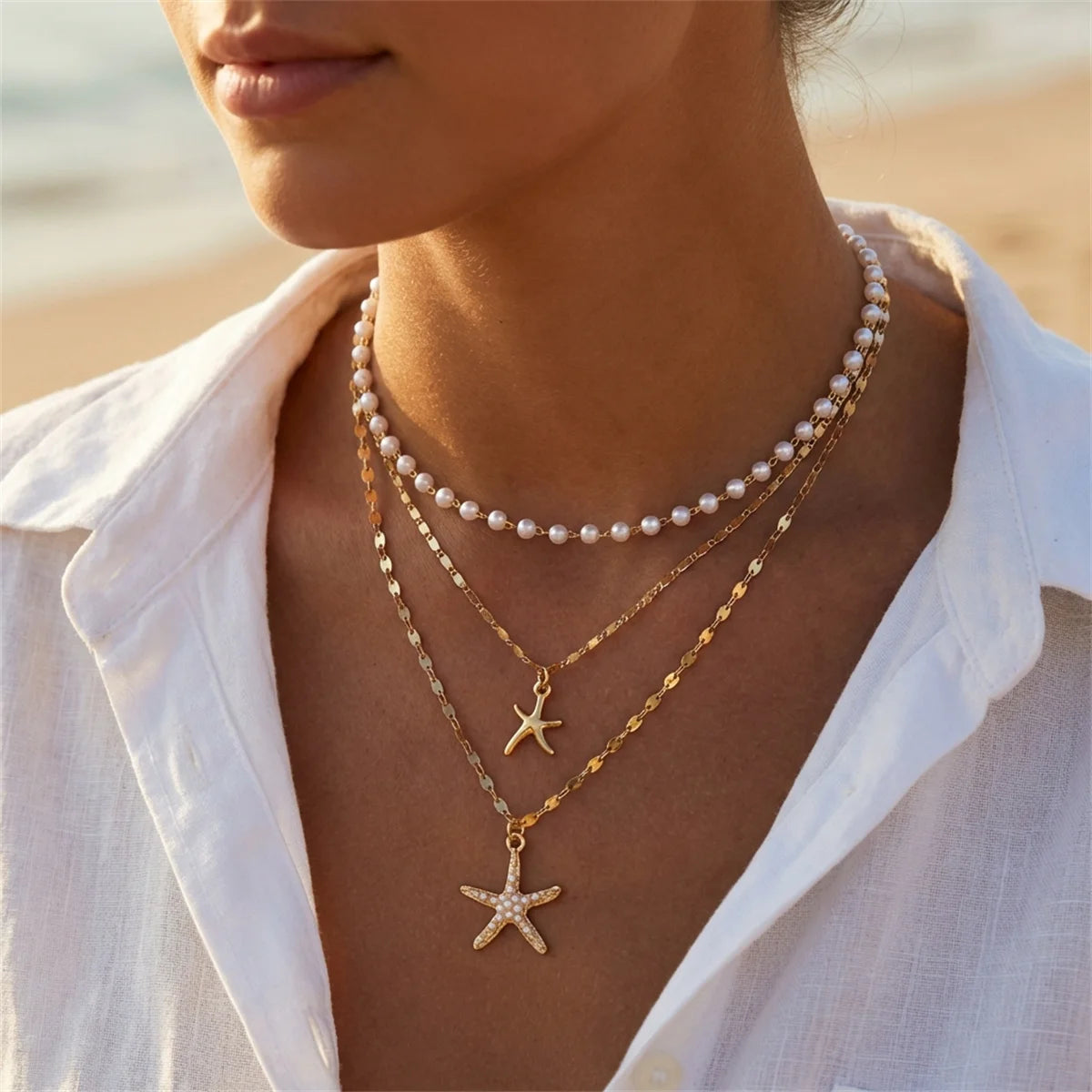Bohemian Starfish Shell Pendant Necklace For Women Trendy Summer Beach Pearl Chain OT Buckle Choker Girls Travel Party Jewelry