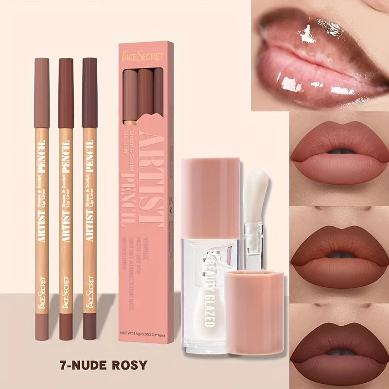 4pcs Matte Lipliner Lip Gloss Combo -Moisturizing Plumping Lip Oil