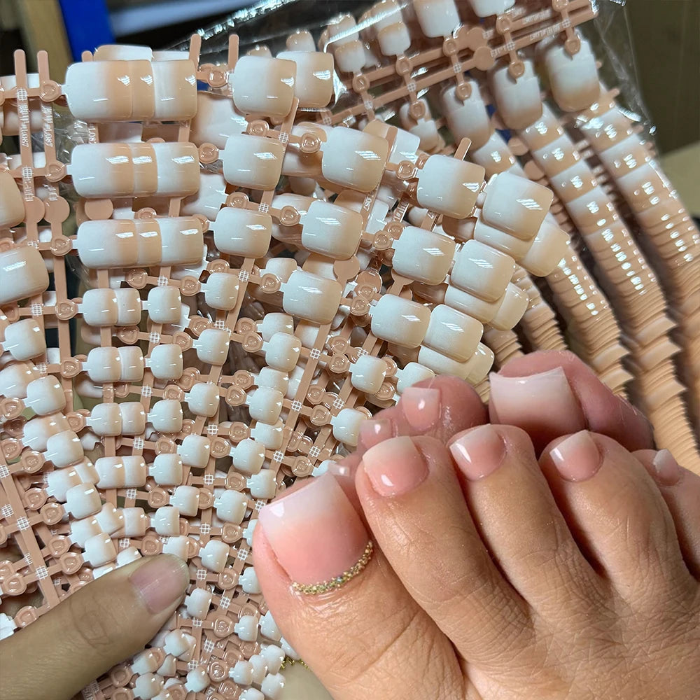 24/120pcs White French Short Square Press On Toenails Nude Pink Glossy Soft Gel False Toe Nails Summer Acrylic Fake Toe NailTips