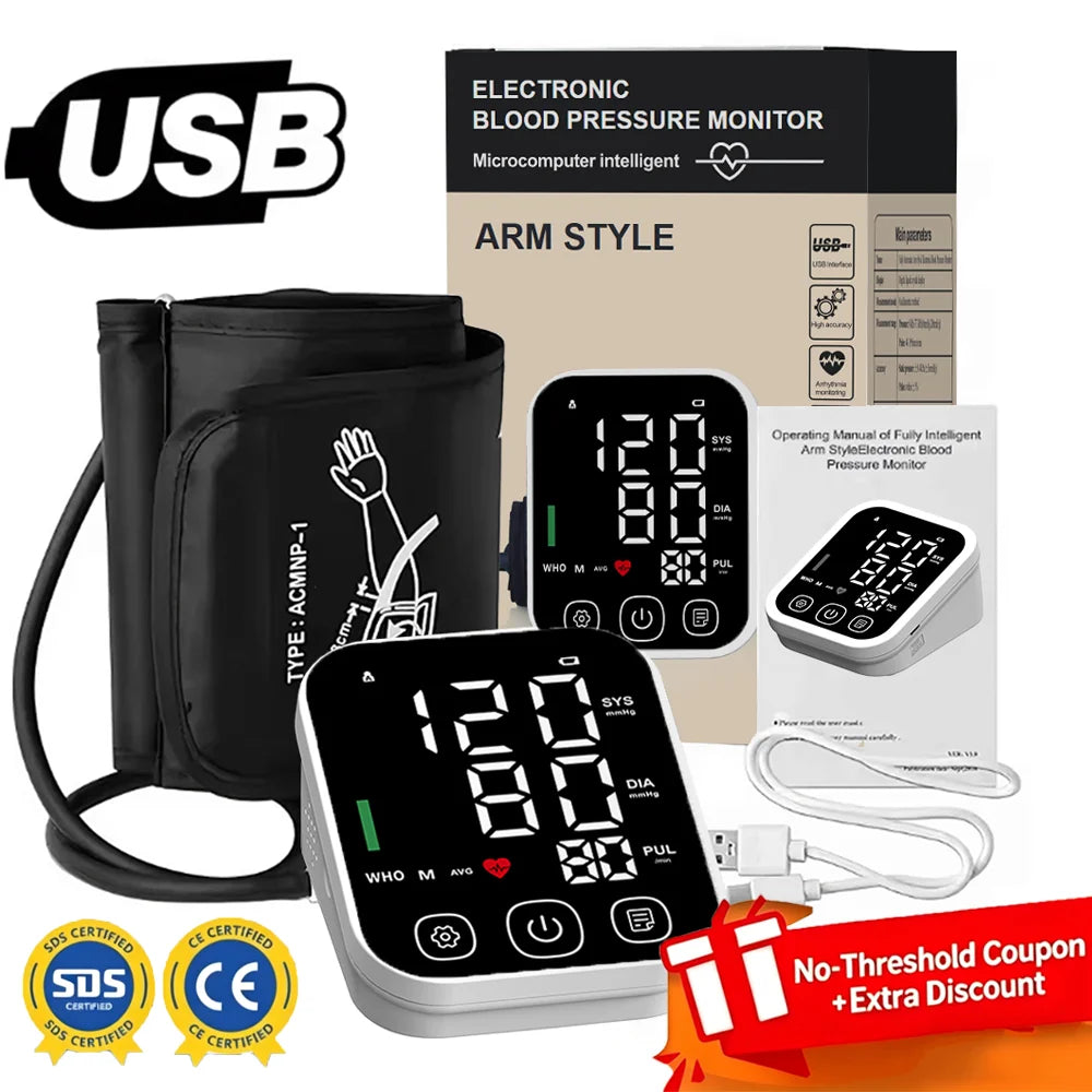 Rechargeable Blood Pressure Monitor Portable Digital Arrhythmia Meter Upper Arm Automatic Tonometer Home Health Tensiometer
