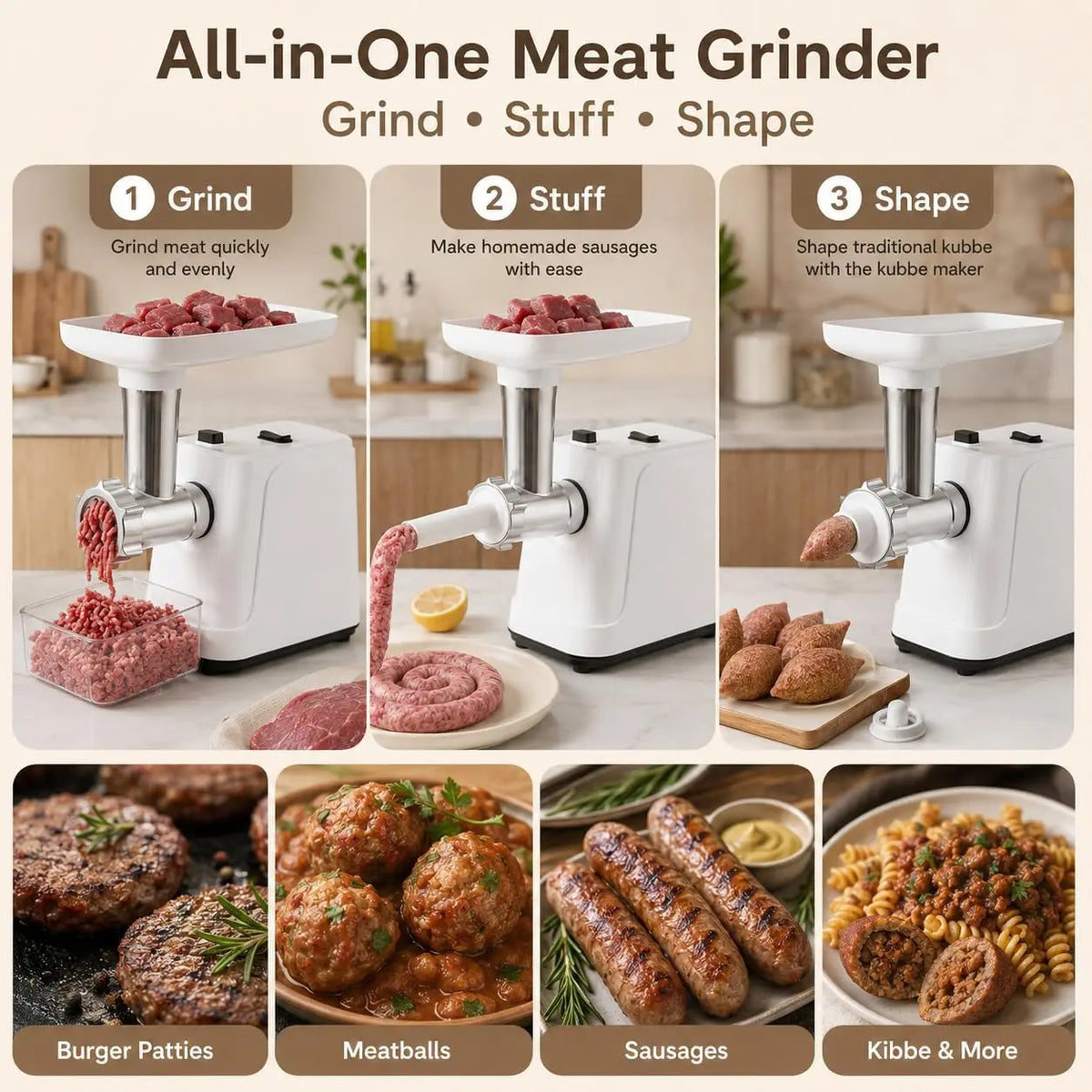 Meat Grinder Premium Compact Size Sausage Stuffer Kitchen Use White