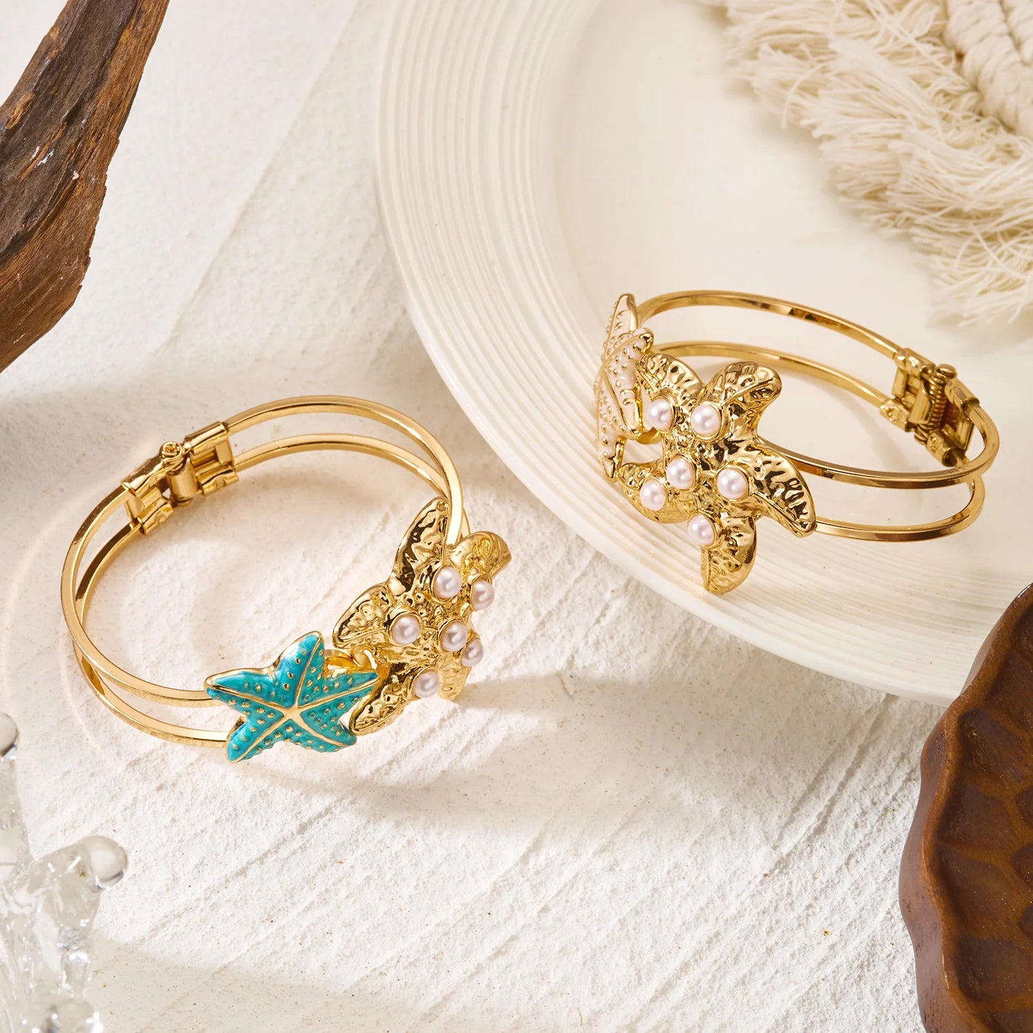 Design Sense Colorful Starfish Open Bangle for Women Elegant Imitation Pearls Starfish Cuff Bracelet Summer Ocean Jewelry