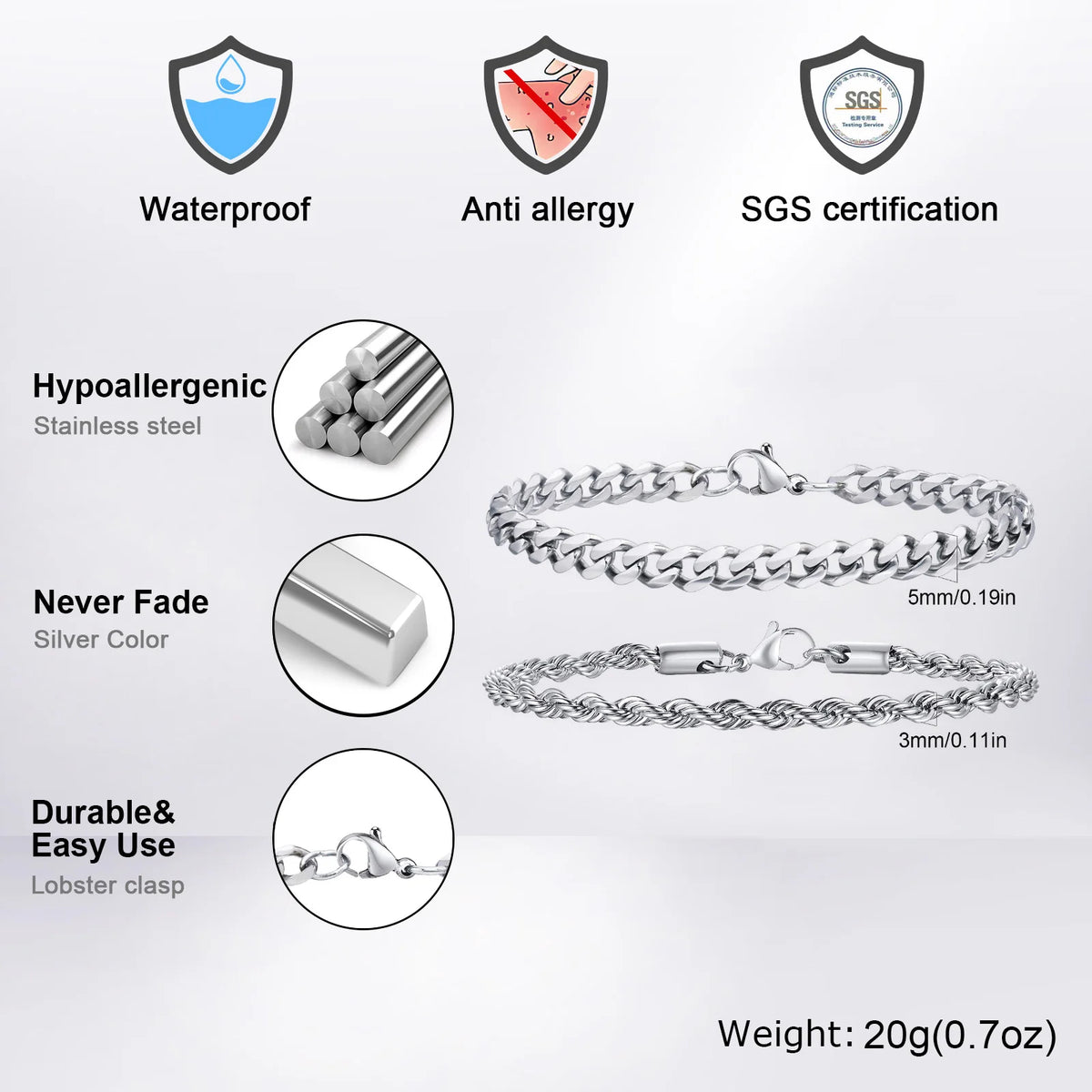 2pcs Men's Chain Bracelets,Stainless Steel Silver Gold Black Color