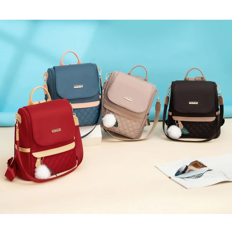 Fashionable women's backpack, adjustable shoulder straps, multiple back styles, zipper closure, polyester lining, suitable for v