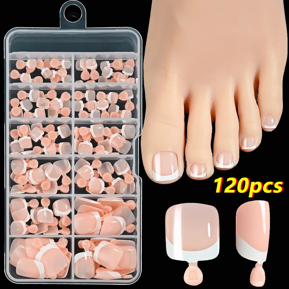 120pcs/Box French Tip Press-On Toenails Pink Color System Square Shape Foot Nails Short Length Glossy Finish False Toe Nails Set