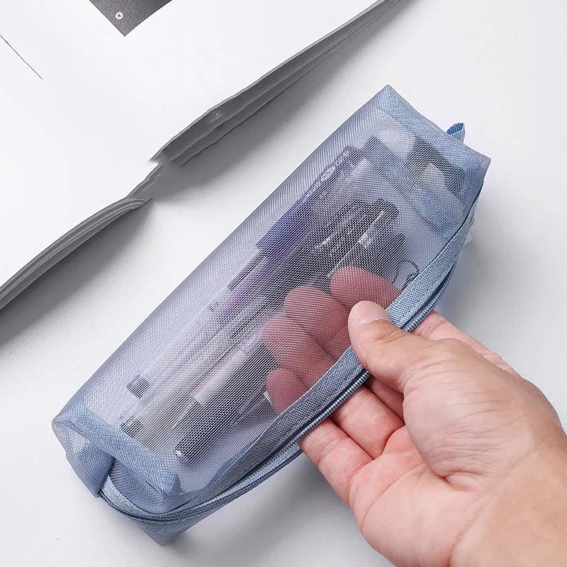 1Pcs  Mesh Pencil Case Transparent Pens Pouch Cute Simple Aesthetic