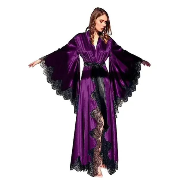 Women Robes Sleepwear Kimono Pajamas Pure Long Black Silk Satin Lace