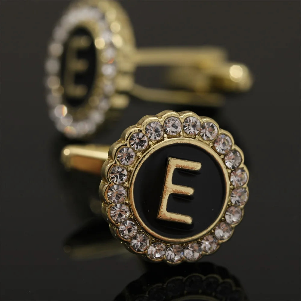 26 Initial Capital Letter A-Z Mens Cufflinks Galaxy Golden Color Gear Shape Crystal Cuff Links Formal Shirt Suit Jewelry Gift