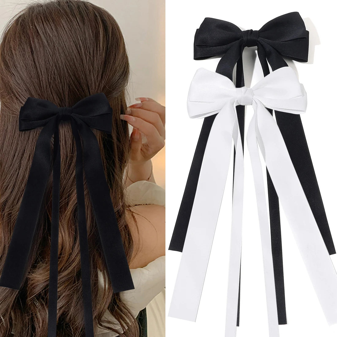 Solid Double Bowknots Hair Clips Women Long Ribbon Bow