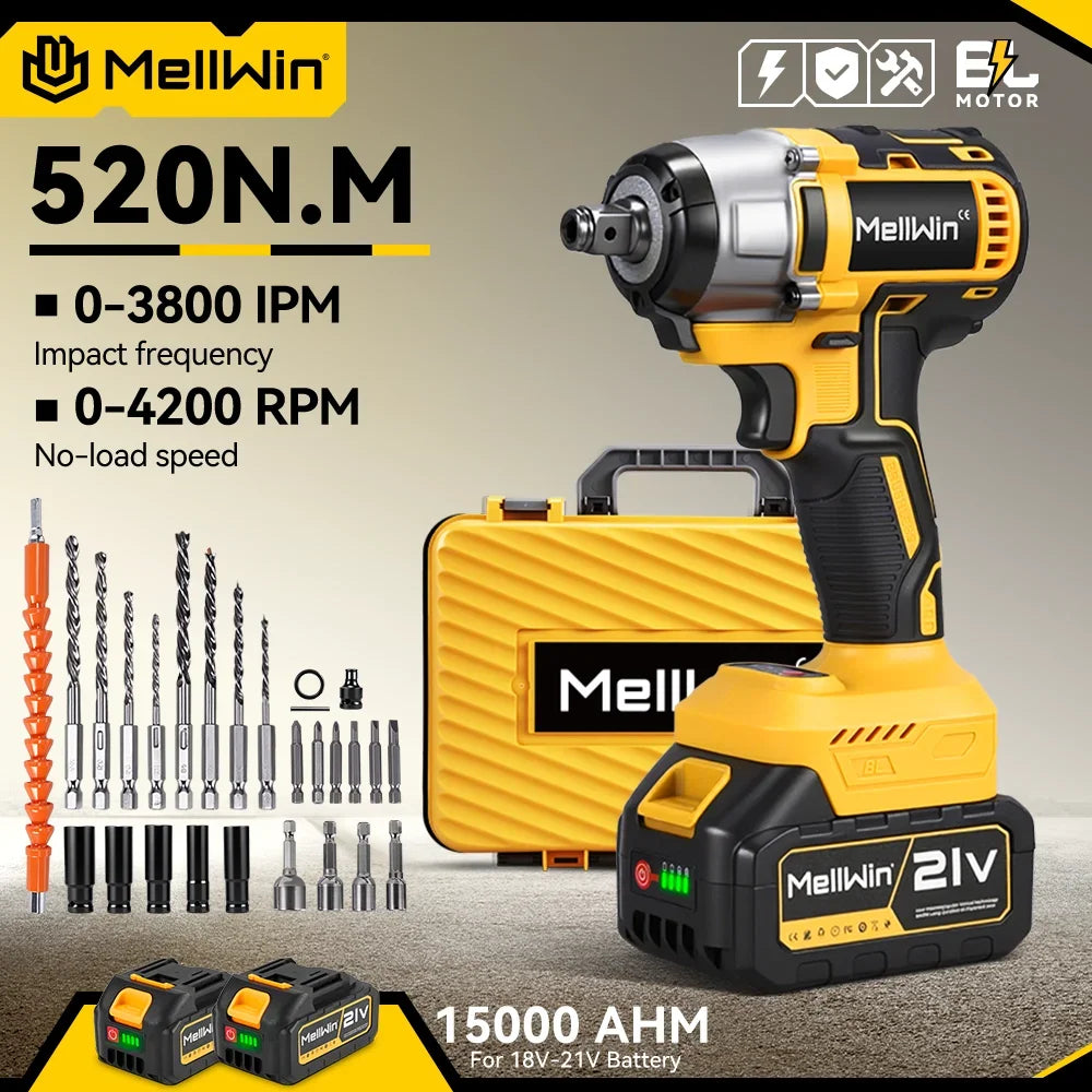 MELLWIN 520N.M Brushless Cordless Impact Wrench 3-IN-1 Electric Drill Screwdriver Power Tool Kit For Makita 18V Battery Pin