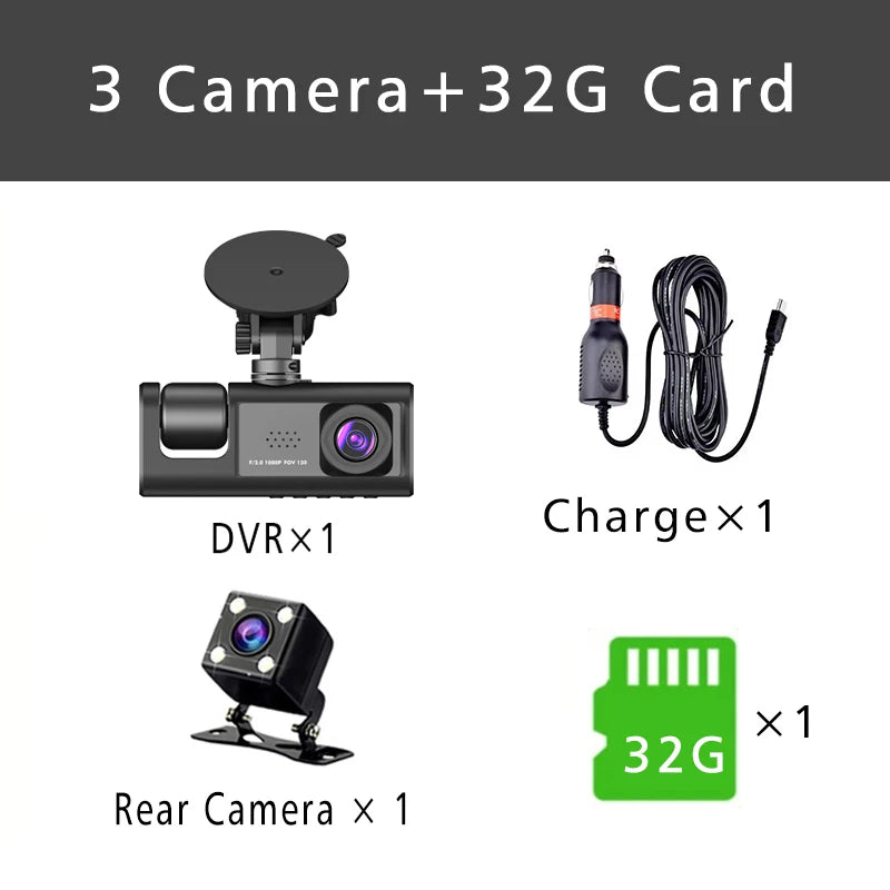 3 Channel Dash Cam HD 1080P 3-Lens Inside Vehicle  Car DVR Three Way Camera DVRs Recorder