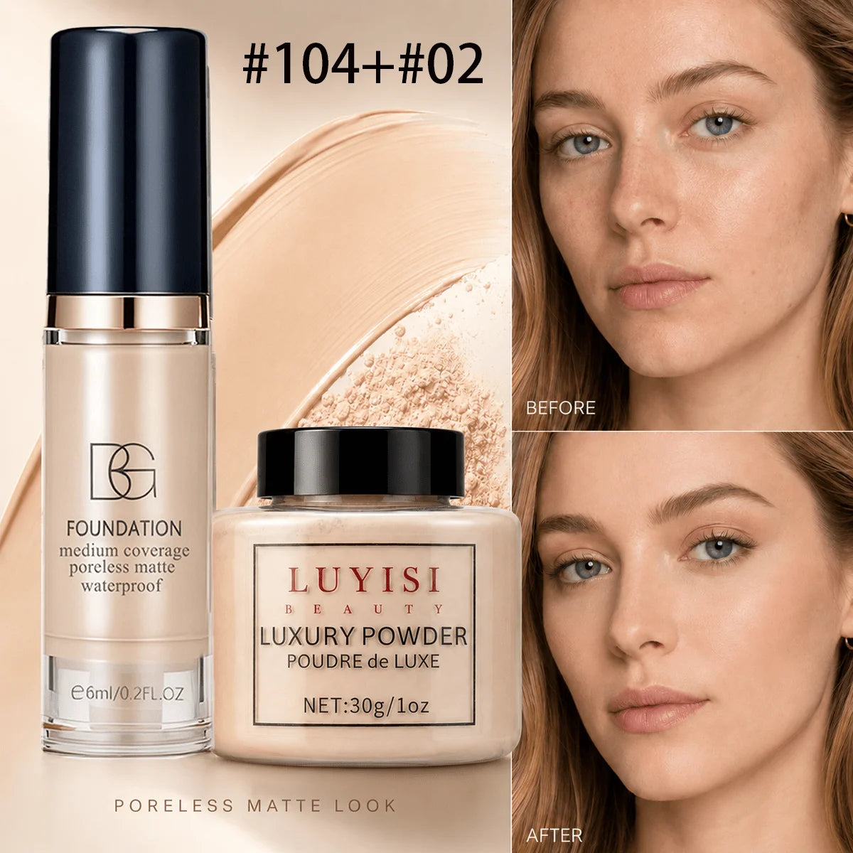 Facial Makeup Set:1pc Matte Loose Powder+1pc Waterproof Fundation