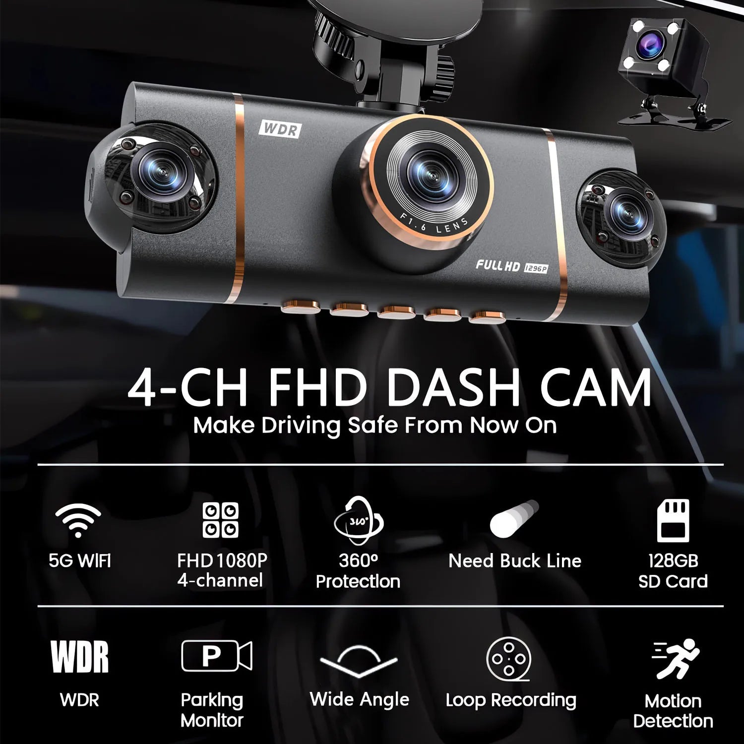 Wifi-4 Lens 360 Degree Dash Cam For Cars Car DVR 1080P 4-Channel Front Camera Video Recorder Rear View Camera Night Vision