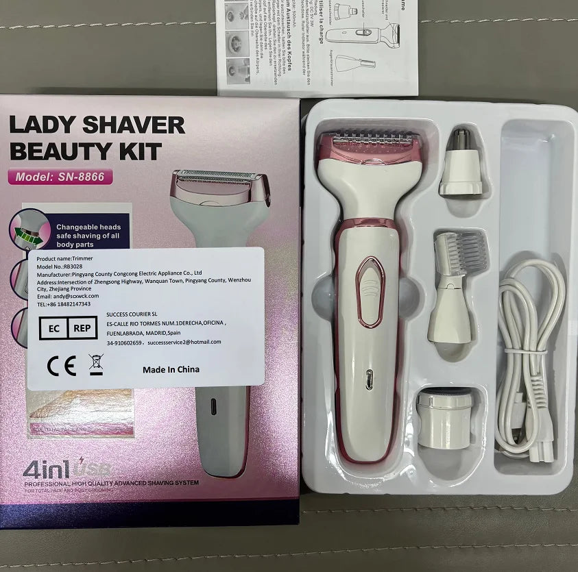 HOMEFISH 4 In 1 Electric Lady Shaver Body Hair Removal Epilator Painless Cordless Trimmer Razor,