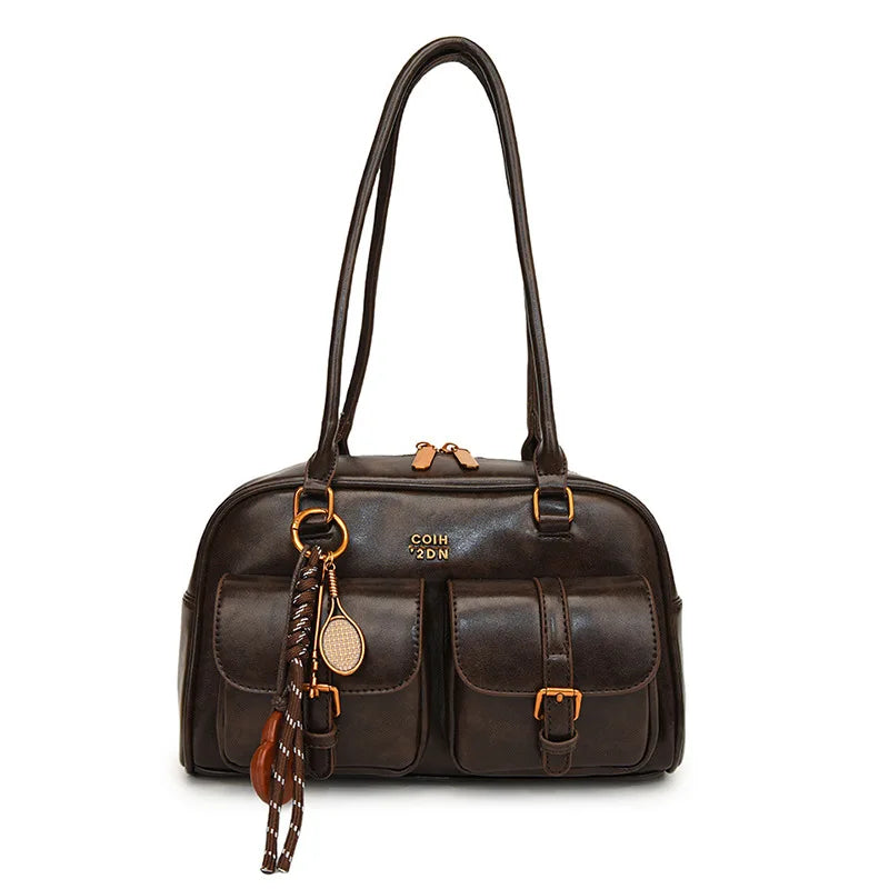 Women's Coffee Brown Multi-Pocket Handbag Shoulder Bag, Stylish Versatile Letter Crossbody Purse for Travel Work Shopping Dates