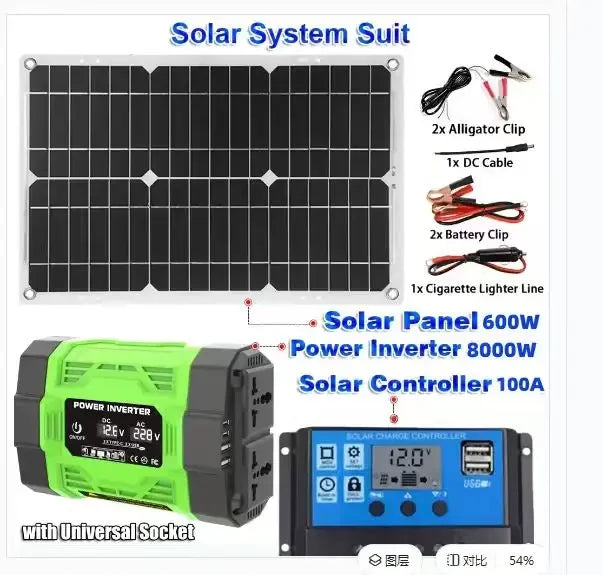 8000W Solar System Kit 12V to AC 220V/110V Inverter +600W Solar Panel +100A Controller, Suitable for Charging RVs, Cars, Laptops
