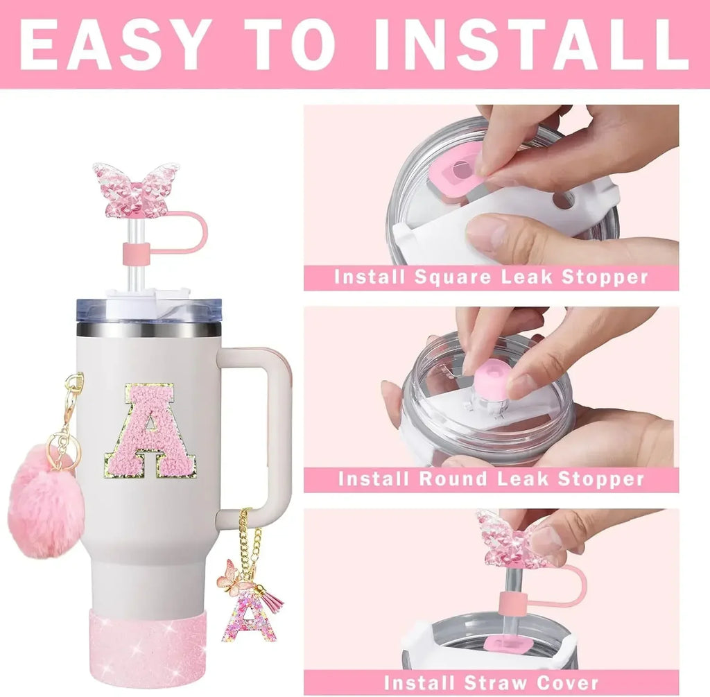 9PCS Accessory Set for Stanley Cup 30oz 40oz Butterfly Straw Cover Cap Silicone Boot Charm Initials Sticker Spill Proof Stopper