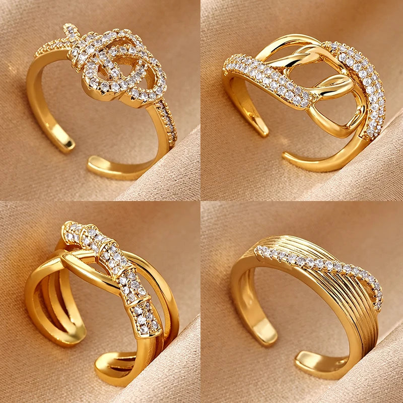 Pave Zirconia Twisted Knot Rings for Women 18K Gold Plated Geometric Crossed Ring Fashion Jewelry Gifts for All Occasions