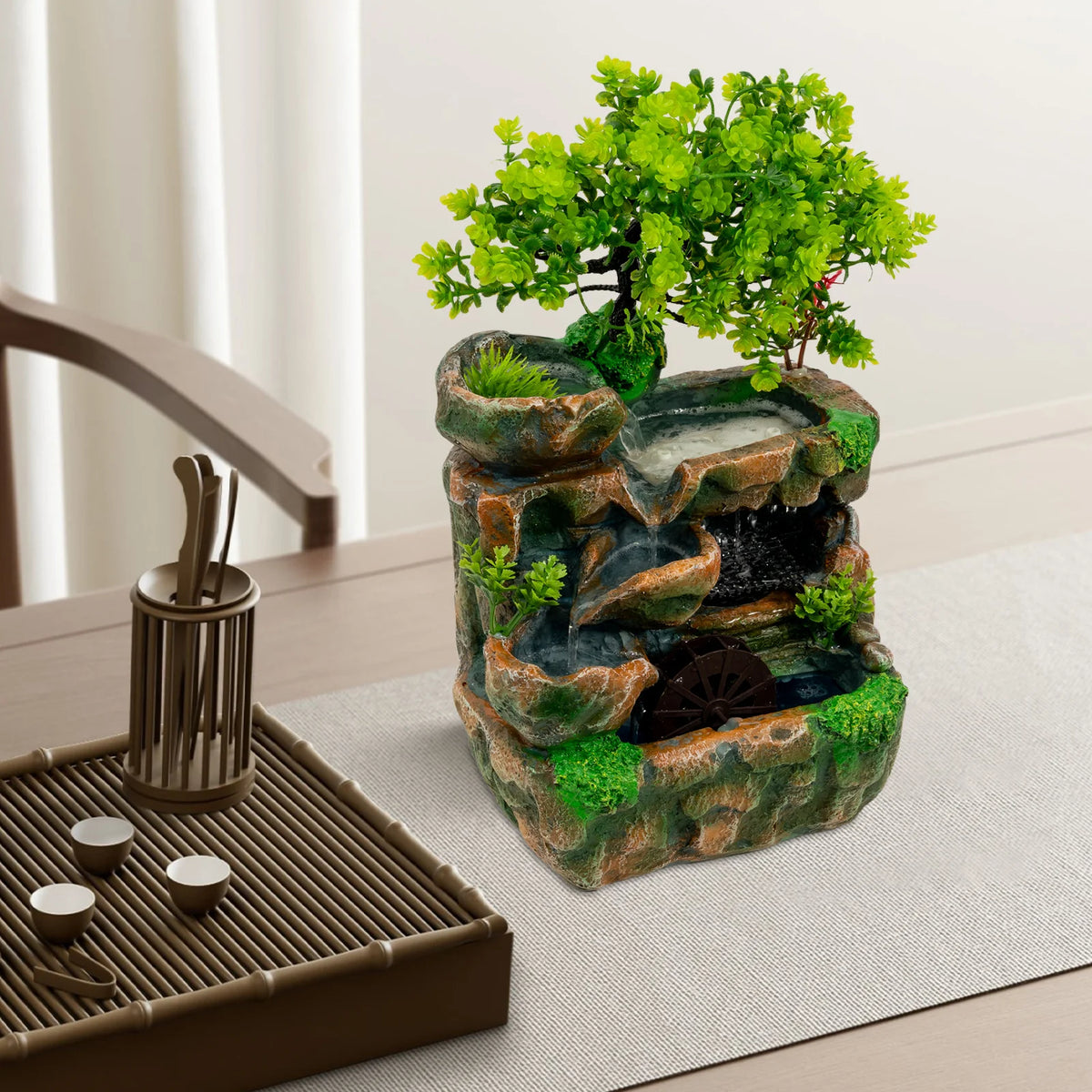 Resin Tabletop Water Fountain, Simulated Natural Landscape with LED Colorful Lights