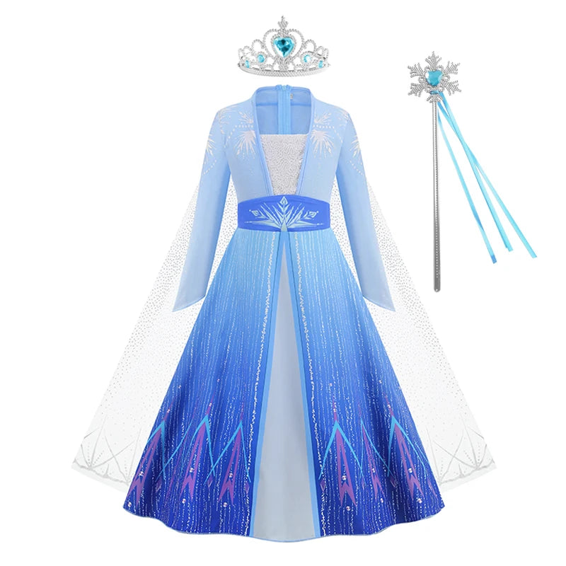 Elsa Princess Dress for Girls Blue Long Sleeve Cloak Carnival