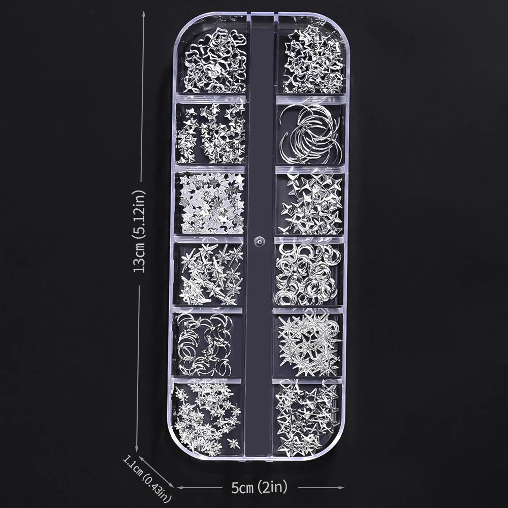 12Grids Silver Star Moon Glitter Nail Charms Mixed Metallic Tips Slice Rivet 3D FlatBack Gold Silver Star DIY Alloy Nail Studs_-
