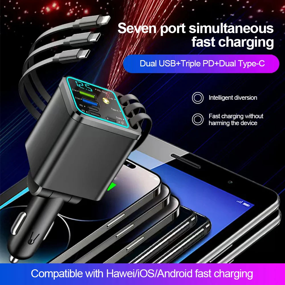 New 120W 7IN1 Retractable Fast Car Charger USB Type-C Power Adapter With Roof Starlight For iPhone Samsung Xiaomi Huawei